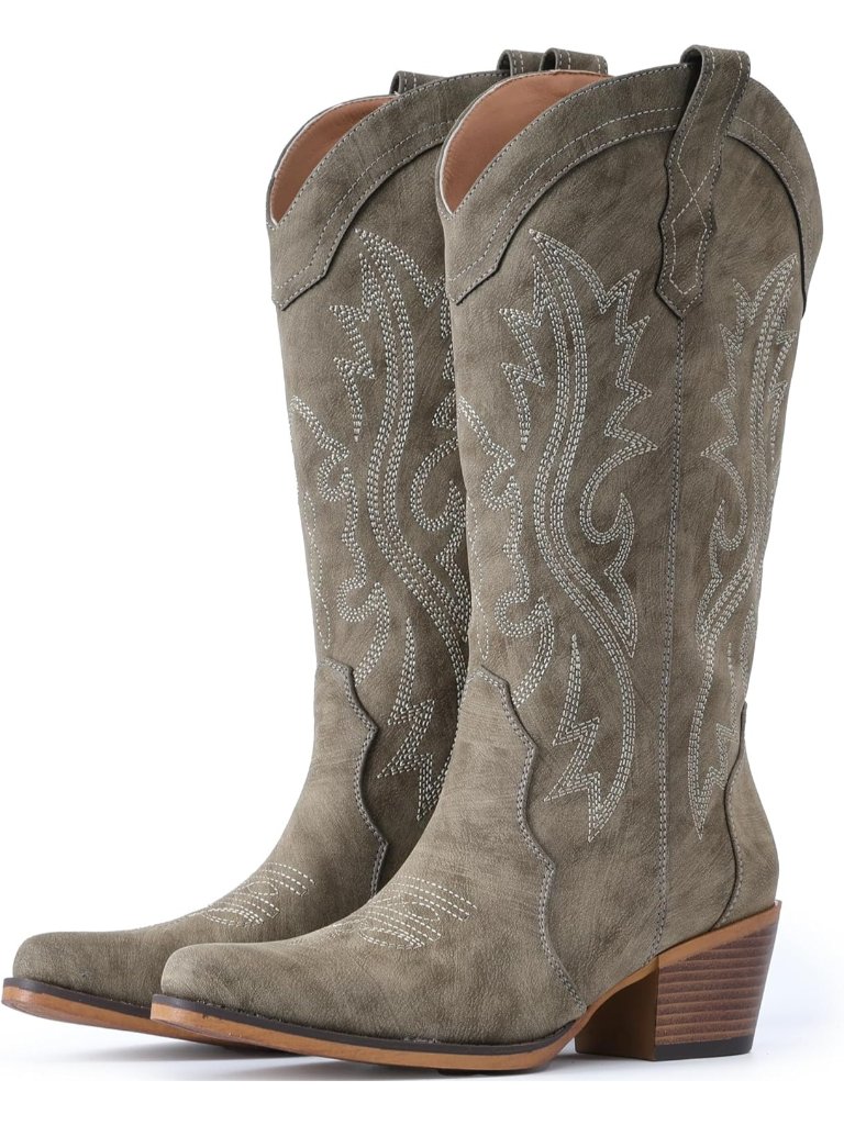 Women's Taupe Western Cowgirl Boots With Chunky Block Heels Mid Calf Snip Toe
